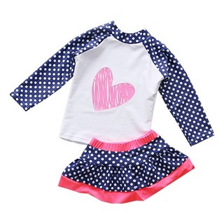 女童長袖防曬泳衣套裝 愛心點點 長袖上衣+泳褲裙, M