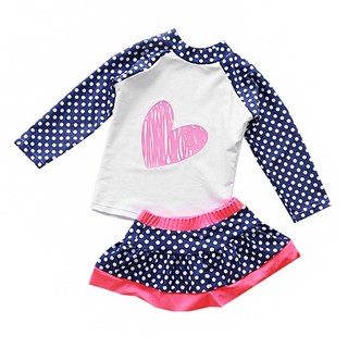 女童長袖防曬泳衣套裝 防曬設計 童趣可愛, XL, 愛心點點