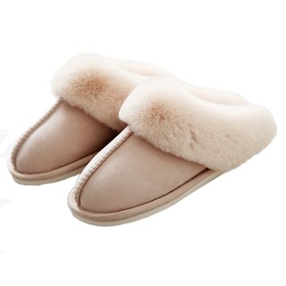 麂皮絨兔毛口包頭保暖防滑男女室內拖鞋 400g, 卡其色, 38~39