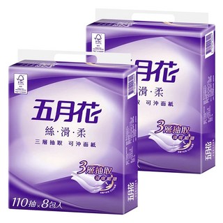 五月花 絲滑柔可沖面紙 3層, 8包, 2袋