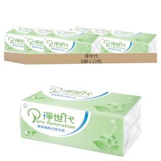 淨世代 環保抽取式衛生紙, 400度高溫殺菌, 使用再生紙漿, 12包, 6袋