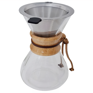 松木分享壺組 耐熱玻璃 松木手柄 不鏽鋼濾杯, 400ml, 1組
