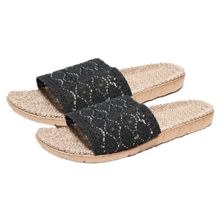 AXIS 艾克思 南洋風寬版編織亞麻防滑室內拖鞋 舒適耐穿 EVA材質鞋底 有彈性、耐磨耐震, L(39~40), 黑色, 1雙