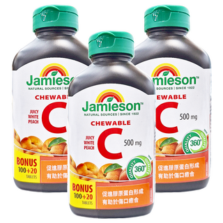 Jamieson 健美生 維生素C咀嚼錠 白桃風味 提升保護力 促進膠原蛋白形成, 120錠, 3罐