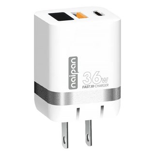 naipan 雙孔快充數顯充電器 36W PD3.0 QC3.0, 白色, 1個