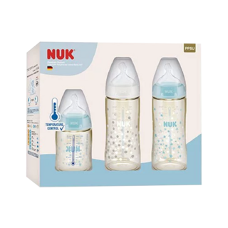 NUK 新生兒PPSU感溫奶瓶禮盒, 寬口徑感溫防燙, 搭配仿母乳拇指型防脹氣奶嘴, 淺藍色 白色, 1組