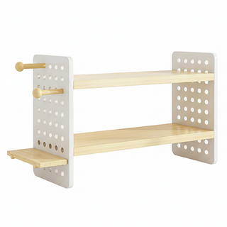 桌面洞洞板置物架 木質置物架/玄關收納/文具收納/公仔展示架/桌上收納, 2層, 木色 + 白色