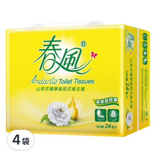 春風 山茶花精華 抽取式衛生紙 雙層 100張, 24包, 4袋