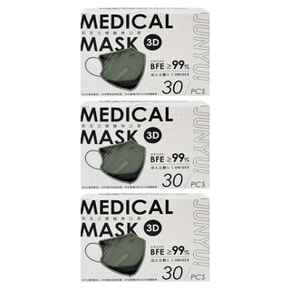 JUN 郡昱 3D成人立體醫療口罩 L, 30片, 3盒, 琉璃綠
