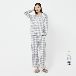 JAJU 女款透氣21支紗法蘭絨格紋棉質睡衣上下套裝