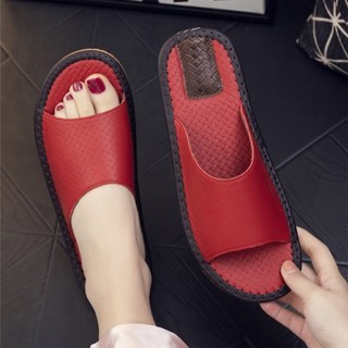 真皮頭層牛皮編織紋防滑室內拖鞋 顆粒氣墊, 26, 紅色, 1雙