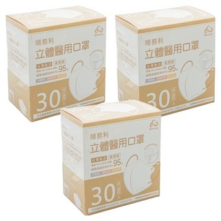 順易利 成人立體醫用口罩 美顏款 M, 30片, 3盒, 梵高藍