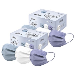 ONEDER 旺達棉品 史迪奇系列 平面成人口罩, 晨霧藍 + 雪峰白 + 午夜藍, 30片, 2盒