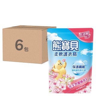 熊寶貝 柔軟護衣精 補充包, 7合1護衣配方 親膚柔軟, 有效抑制細菌 去除靜電, 含有消臭成分, 含天然櫻桃花香 6包, 1.75L