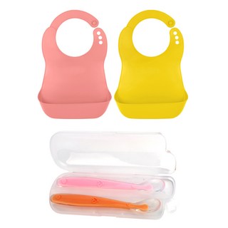 Bebelock 立體防漏口袋型防水圍兜套組 + 矽膠餵食匙, 圍兜(桃粉色 + 芥末黃) 矽膠湯匙(粉色 + 橘色), 1組