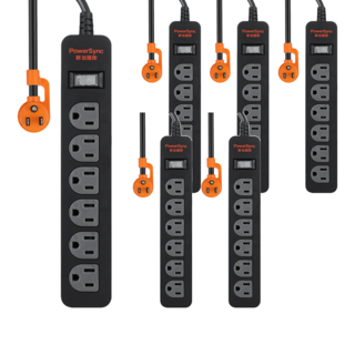 PowerSync 群加 直立式1開6插 防雷擊延長線 3孔 TS6ZF012 24.8 x 4.3 x 3cm, 1.2m, 黑色, 6條