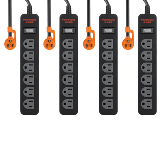 PowerSync 群加 直立式1開6插 防雷擊延長線 3孔 TS6ZF012 24.8 x 4.3 x 3cm, 1.2m, 黑色, 4條
