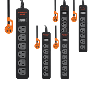 PowerSync 群加 直立式1開6插 防雷擊延長線 3孔 TS6ZF012 24.8 x 4.3 x 3cm, 1.2m, 黑色, 5條