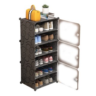 多功能側開式1列6層內隔2層鞋櫃, 黑色, 1個