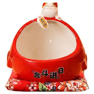 摩達客 開運招財 大嘴金魚招財貓 陶瓷糖果罐 附坐墊, 紅色