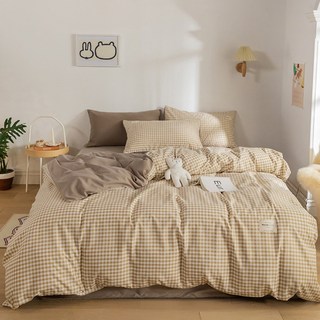 沐慕家居 奶茶格子標準雙人床包組 水洗棉, 被套+ 床包 + 枕套 2個, 雙人, 1組