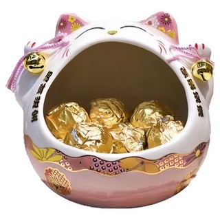摩達客 春節開運招財貓糖果收納聚寶盆-粉色 大口設計 吉祥擺飾, 1入, 10 x 10 x 12cm