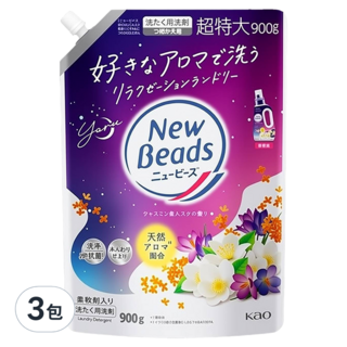 Kao 花王 New Beads 植萃香氛洗衣精 茉莉麝香補充包 900g 家庭號, 3包