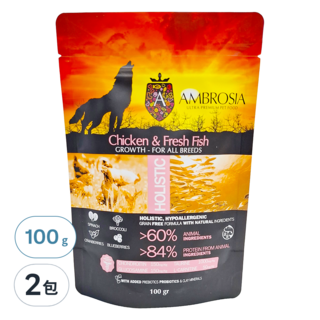 AMBROSIA 安柏希雅 幼母犬用 無穀鮮肉犬糧 全犬種適用 超過60%動物成分, 雞肉 + 鮮魚, 100g, 2包