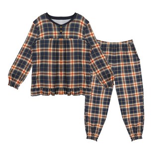 GLAM GONGGAM 女款Somi格紋壓縮蜜桃絨荷葉邊長袖睡衣上下套裝