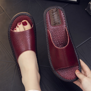 真皮頭層牛皮編織紋防滑室內拖鞋, 26cm, 酒紅色, 1雙