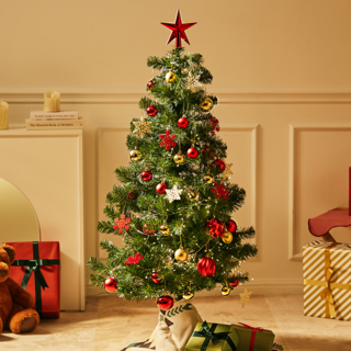 聖誕節高CP值套裝樹 聖誕樹+裝飾品+星星樹頂飾+樹裙, 金色 + 紅色, 150公分