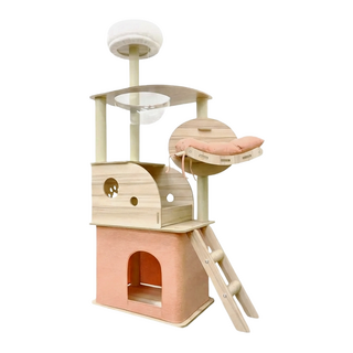 哈囉毛孩 帳篷貓屋 + 半開放式小木屋 太空艙貓跳台 附貴妃躺枕 145cm, 粉色 + 木色, 1組