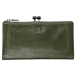 RFID 10卡位雙零錢袋女士口金包長夾 頭層油蠟牛皮 防盜刷, 10 x 3 x 19cm, 墨綠色