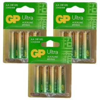GP Batteries 超霸 Ultra鹼性電池3號 專利防漏技術 長效鎖住電量 高純石墨墨環 優化導電性能 10年保質期, 8個裝, 3組