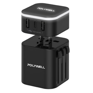 POLYWELL 寶利威爾 多國旅行充電器 轉接頭 PW15-T05-A053 黑色, 1盒