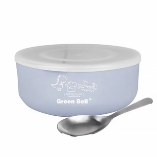 Green Bell 綠貝 兒童抗菌不鏽鋼碗組, 含304不鏽鋼湯匙 375ml, 碗 + 湯匙 + 蓋子, 藍色, 1組