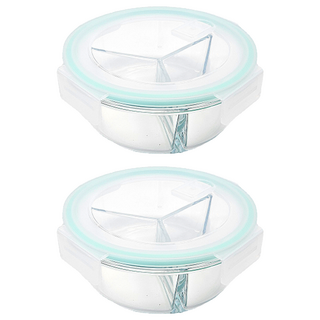 슈와츠코리아 내열 유리 나눔 반찬통 950ml + 뚜껑 세트 원형 3칸, 2세트, 반찬통 + 뚜껑