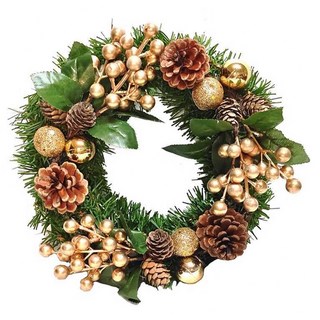 MODACore 摩達客 耶誕金球果松果聖誕花圈 免組裝, 綠色 + 棕色 + 金色, 1個
