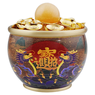 命運好好玩 湯鎮瑋 招財麒麟聚寶盆 (含黃水晶碎石、金元寶36顆、黃玉球), 黃銅 黃色 + 金色 + 銅色, 1個