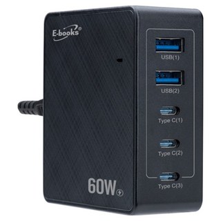 E-books B76 60W長線型五孔快速充電器 + 100W鋁合金C to C快充傳輸線組 台灣安規認證 PD+QC3.0雙輸出 智慧插槽, 1組