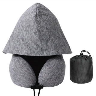 咪咪購物 飛機枕/連帽頸枕/脖子枕頭/護頸枕/旅行頸枕 戴帽款 + 收納袋, 深灰色
