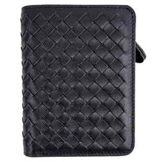 真皮羊皮手工編織12卡位中夾錢包, 10 × 3 × 13cm, 黑色