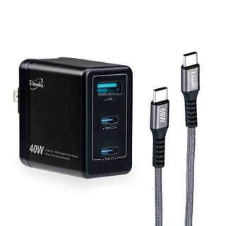 E-books 40W PD + QC3.0 高效能三孔快速充電器 + 60W C-C鋁製線, E-PCB246, 1盒