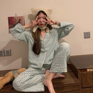 PEONIST 女款微棋盤格紋居家服睡衣上下套組