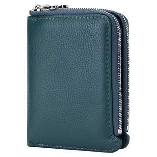 頭層牛皮女士雙拉鍊短夾 115g, 15 x 10 x 3.5cm, 淺藍色