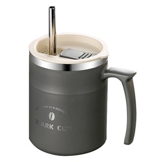 SUnORO 不銹鋼咖啡杯 辦公室馬克杯 雙層保溫吸管水杯 附吸管 + 杯蓋 480ml 灰色, 1個