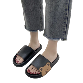 德利生活 PVC側邊小熊厚底拖鞋 - 防滑耐磨，室內外可穿, 黑色, 36~37, 1雙