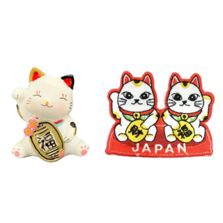 A-ONE 匯旺 日本招財福貓辦公室磁鐵 + 日本Q版招財貓布標 2件組, 白色 + 紅色
