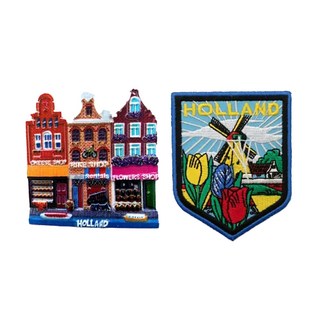 A-ONE 荷蘭達姆拉克街療癒磁鐵 + 鬱金香外套電繡 2件組, 荷蘭達姆拉克街 + 鬱金香, 2.76 x 2.99吋 + 2.5 x 3.1吋