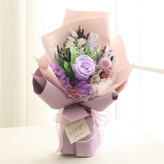 뷰티풀데코센스 생화 프리저브드 꽃다발 + 쇼핑백, 퍼플, 21.5 x 37 cm